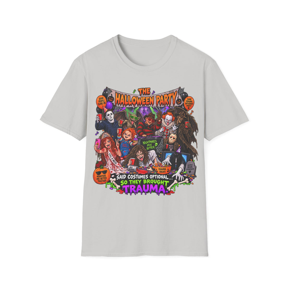 Halloween Party Trauma Funny Horror Graphic T-Shirt | Spooky Season Tee