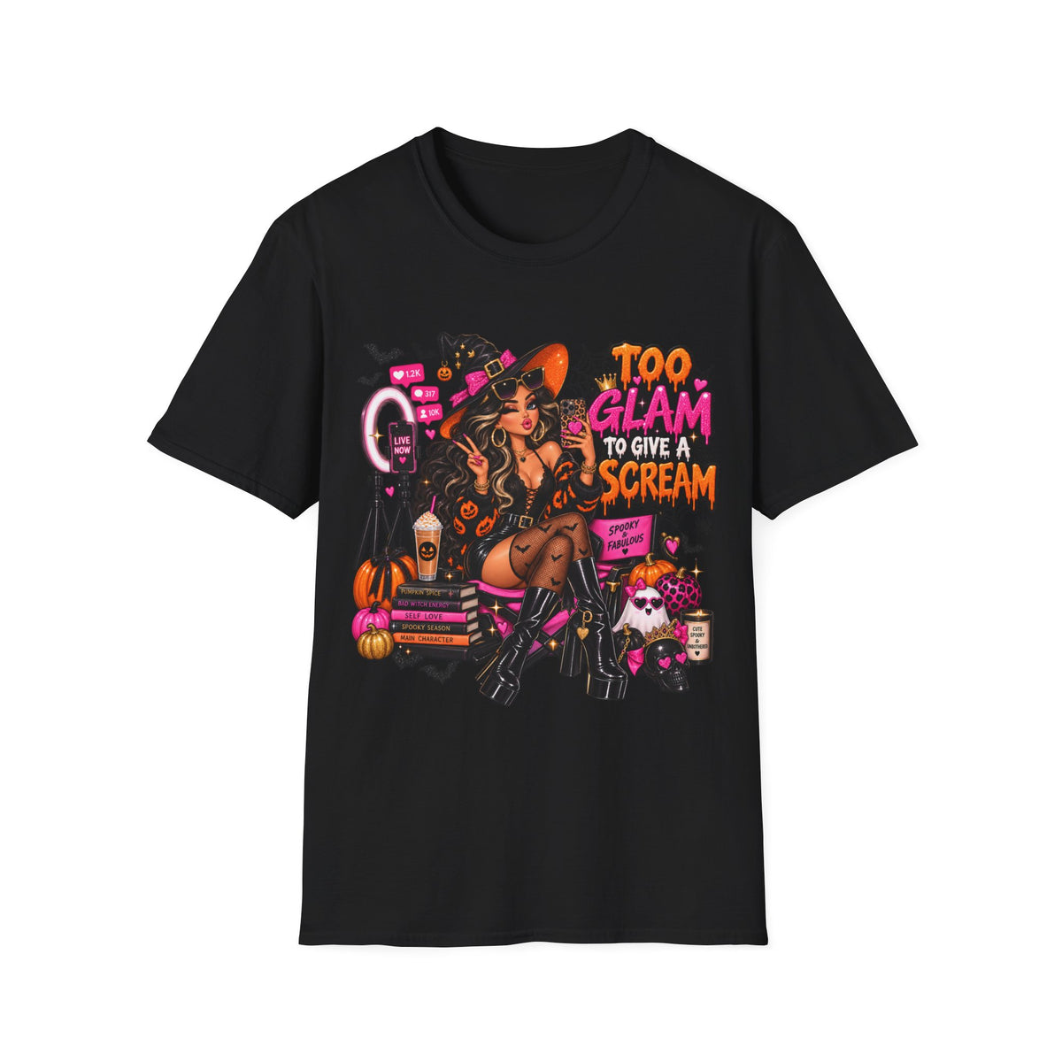 Too Glam to Give a Scream Halloween Graphic T-Shirt | Glam Witch Spooky Season Tee