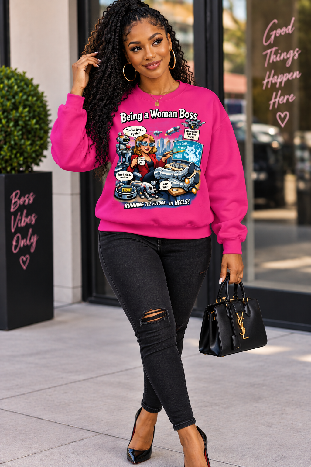 “Being a Woman Boss Sweatshirt”.