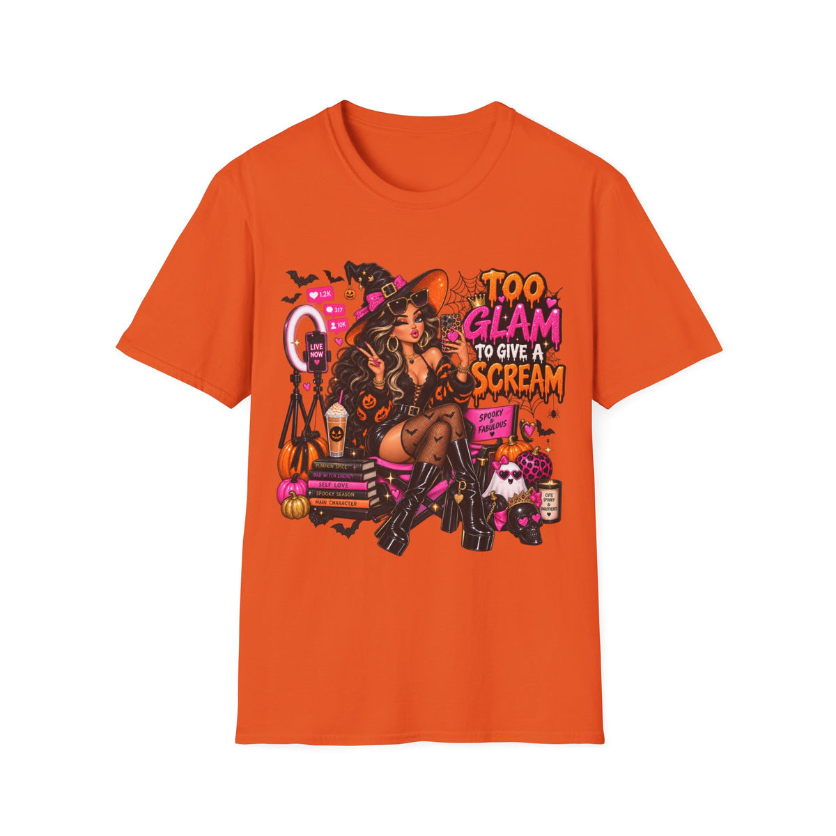 Too Glam to Give a Scream Halloween Graphic T-Shirt | Glam Witch Spooky Season Tee