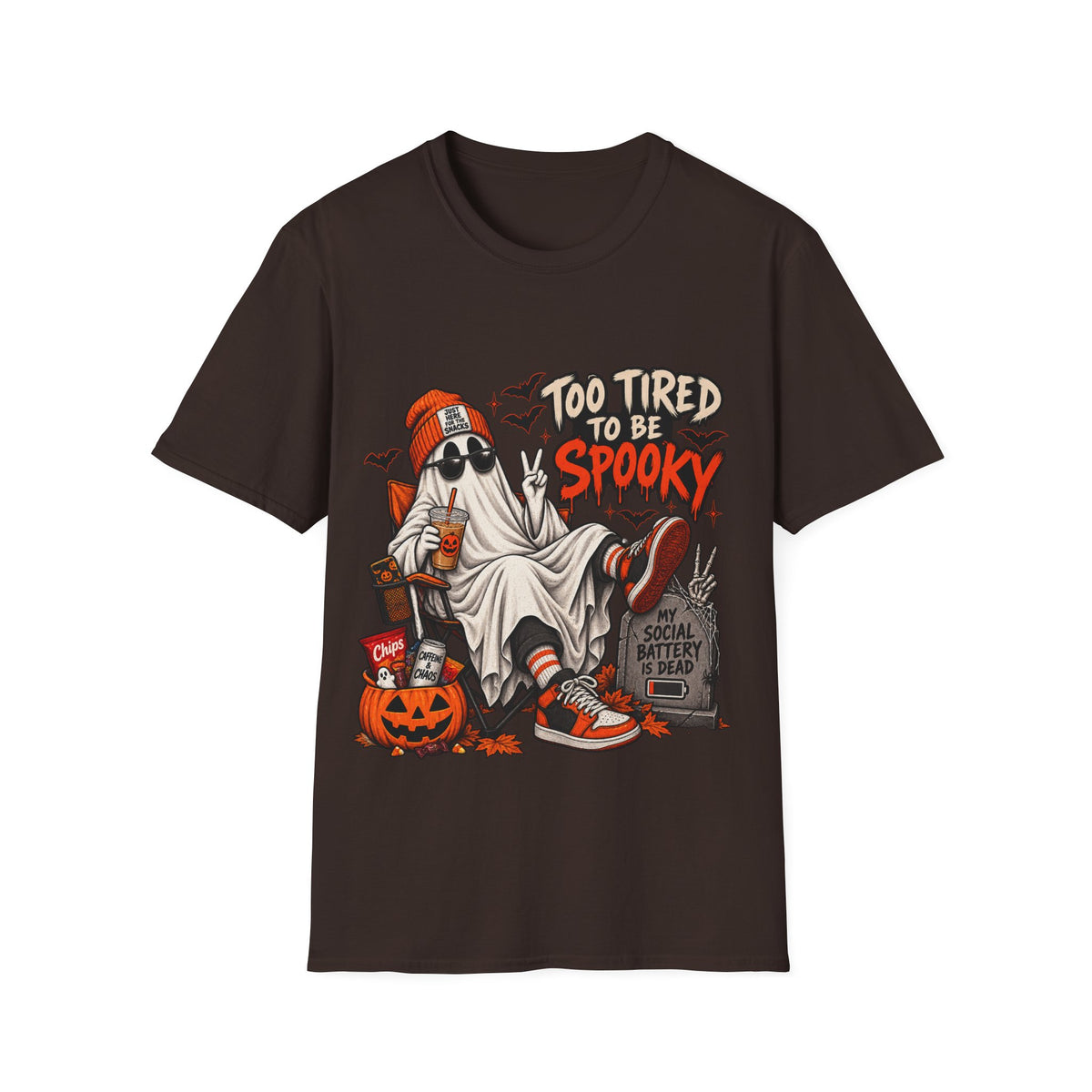 “Too Tired to Be Spooky Halloween T-Shirt.”
