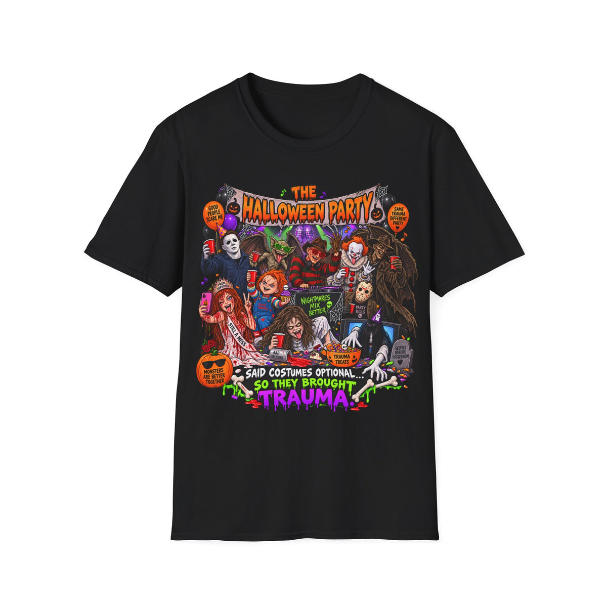Halloween Party Trauma Funny Horror Graphic T-Shirt | Spooky Season Tee